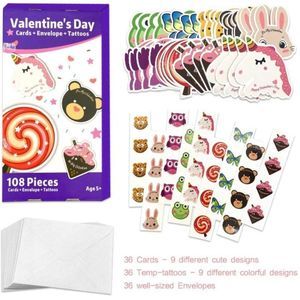 5/$30 Valentines Day Cards Set with Temporary Tattoos and Envelopes